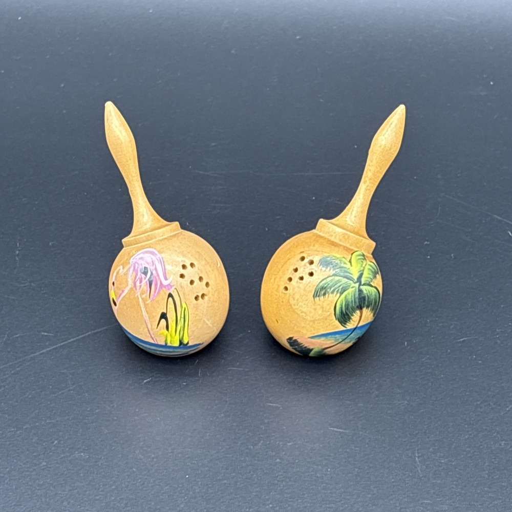 1954 Vintage Key West Fla Wood Maraca Salt & Pepper Shakers Flamingo & Palm Tree